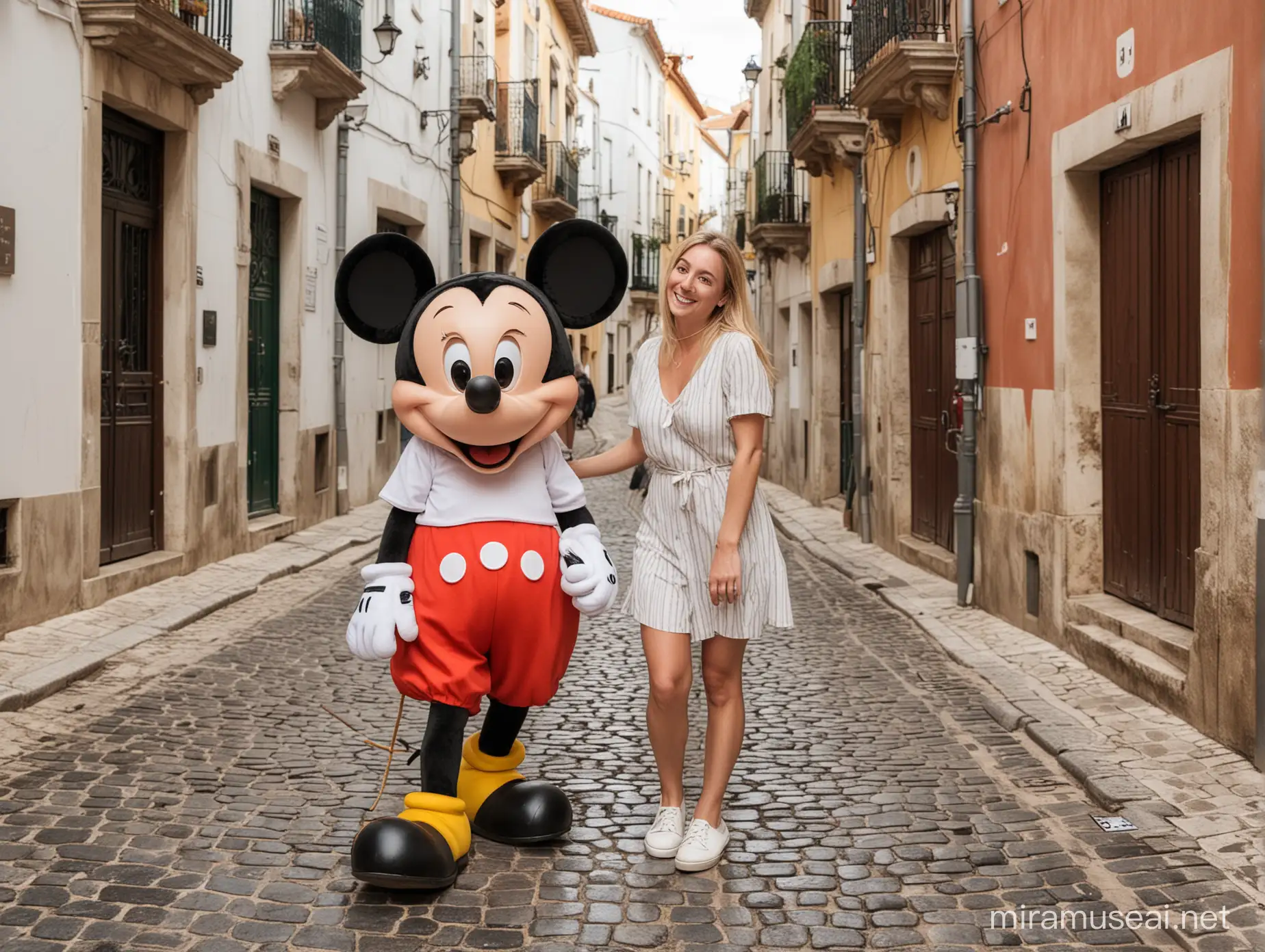 mujer inglesa en lisboa en el barrio de la alfama de vacaciones con mickey mouse a lado