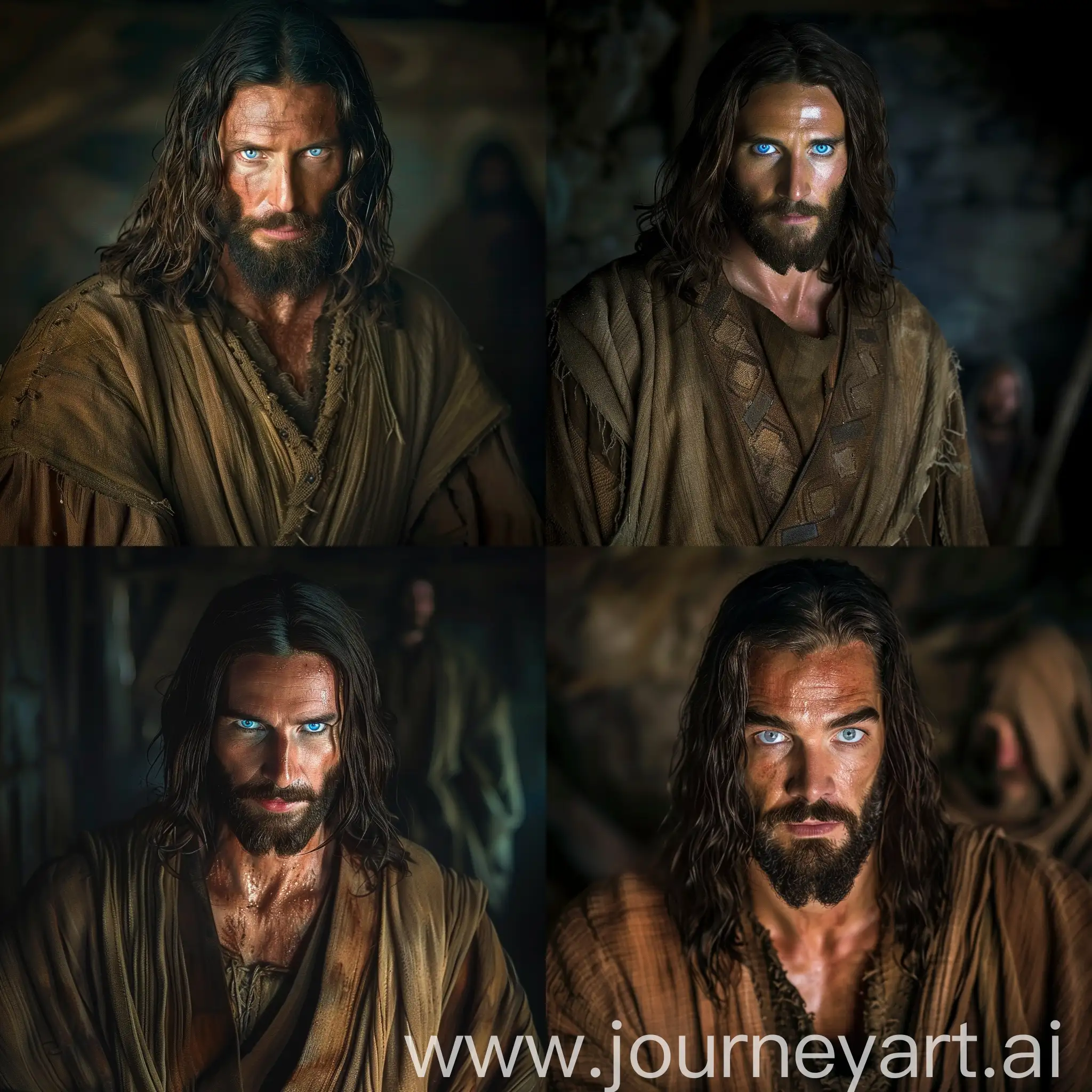 In this image, Jesus is depicted wearing a brown robe and has long hair and a beard. He has blue eyes and is looking directly at the viewer. The background is dark, with a figure visible in the shadows behind him.