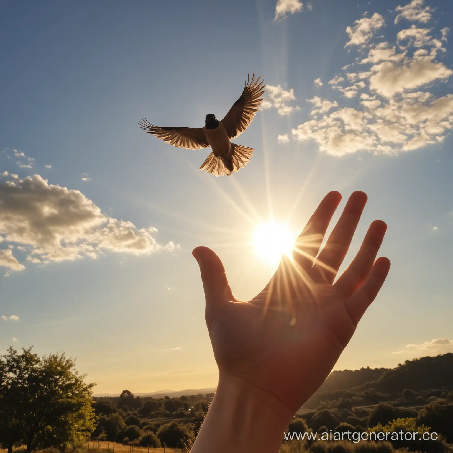 одна рука, отпускающая птичку в небо, ракурс на слепящее солнце