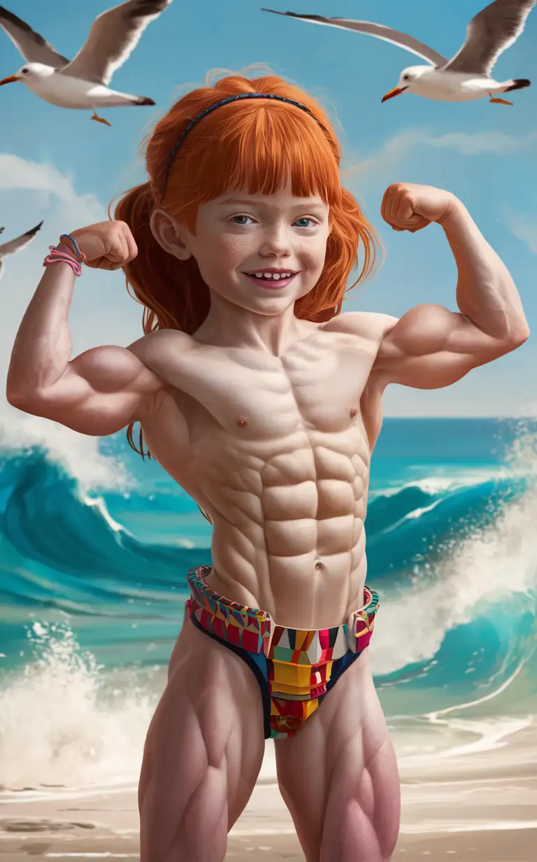 7 years old ginger hair girl, very muscular abs,  weird bathingsuit