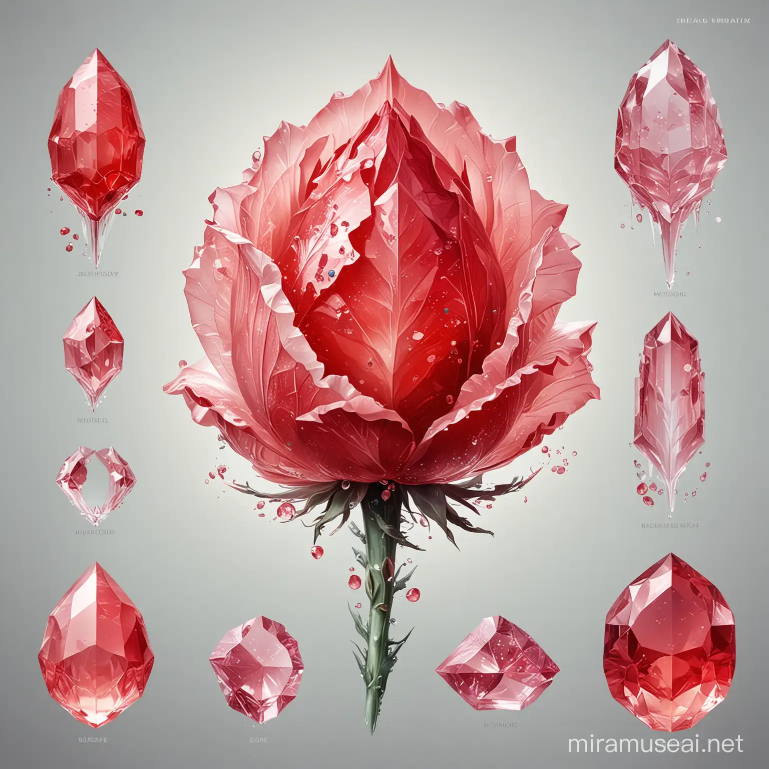 infographic of one morph ice rose, specimens of crystal petals, very delicate and beautiful, ethereal specimen, FINAL FANTASY 10, red gemstone decoration, lithograph, good design sense, highly detailed, in the style of futuristic organic and watercolor illustration, minimalism