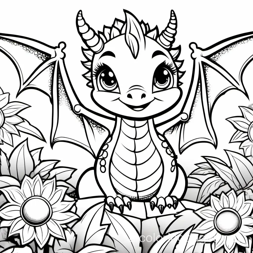 Chubby-Baby-Girl-Flying-Dragon-Coloring-Page-with-Sunflower-Surroundings