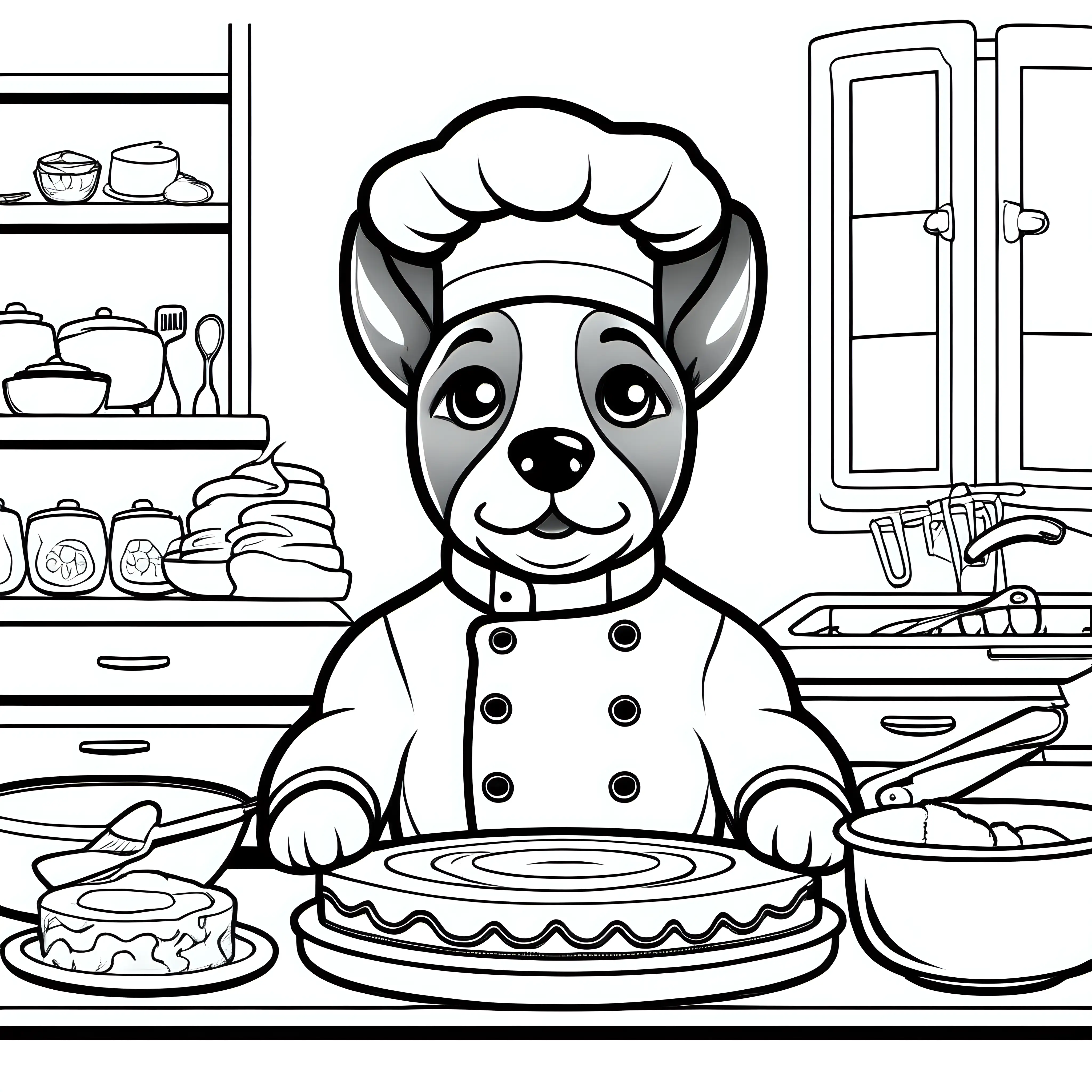 /imagine a cute dog chef, baking a cake - for coloring book with black and white color, crisp lines and white background –ar 17:22