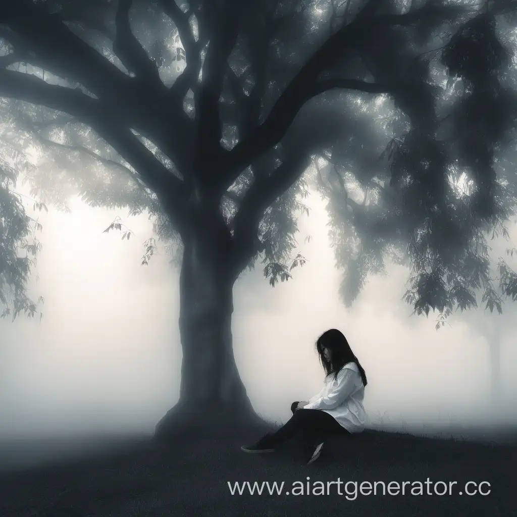 девушка сидит под деревом туман