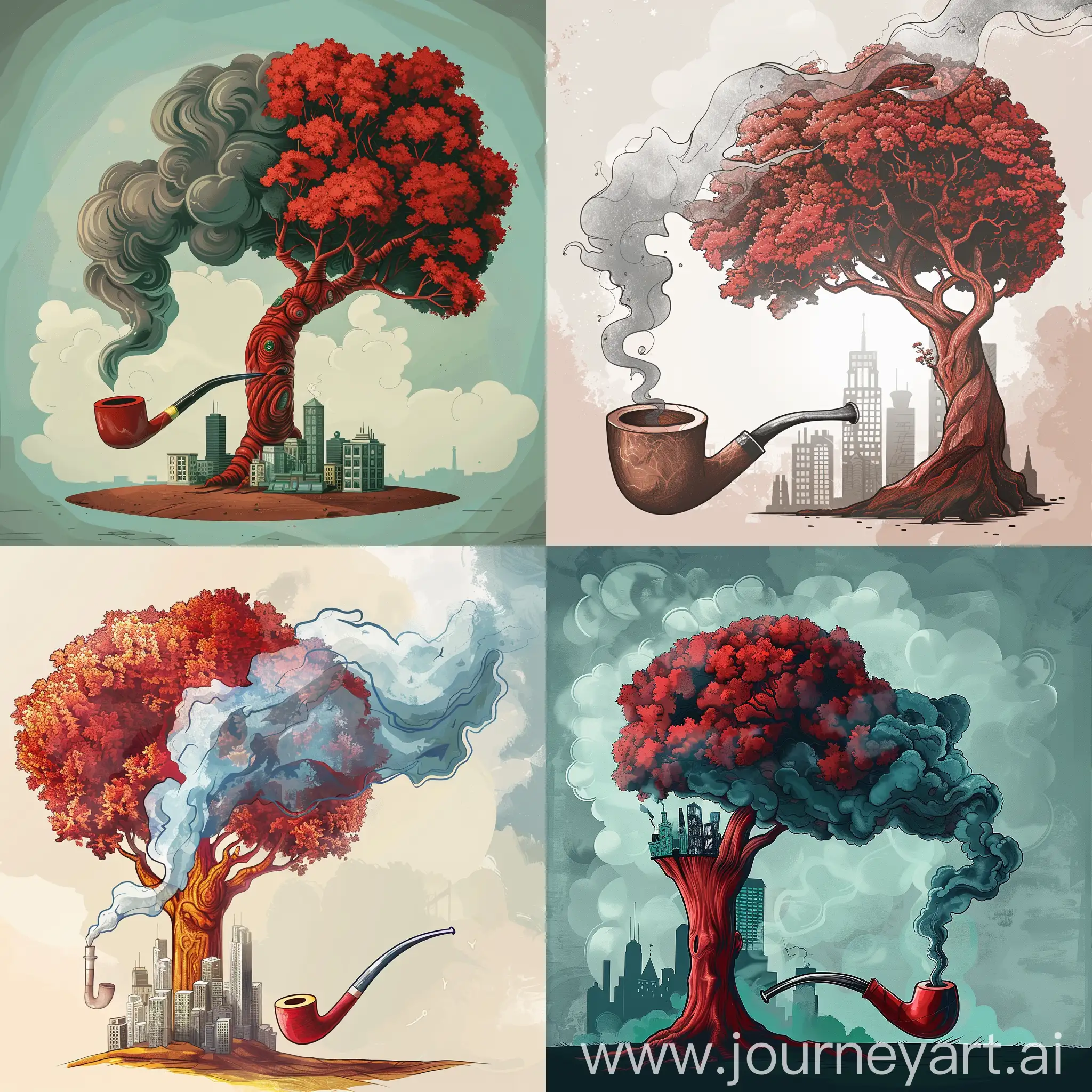 Cartoon-Illustration-of-a-Red-Gum-Tree-Smoking-a-Pipe-with-Cityscape
