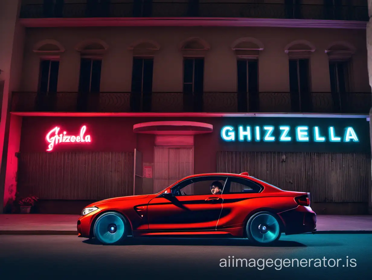 a princess, passing near a building on which is written the name GHIZELA in the city at night with neon lights, and a red bmw m2 is parked near by
