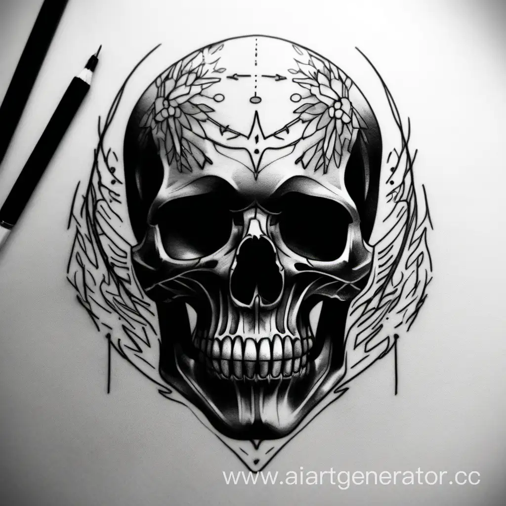 Elegant-Black-Skull-Tattoo-Sketch-with-Intricate-Details