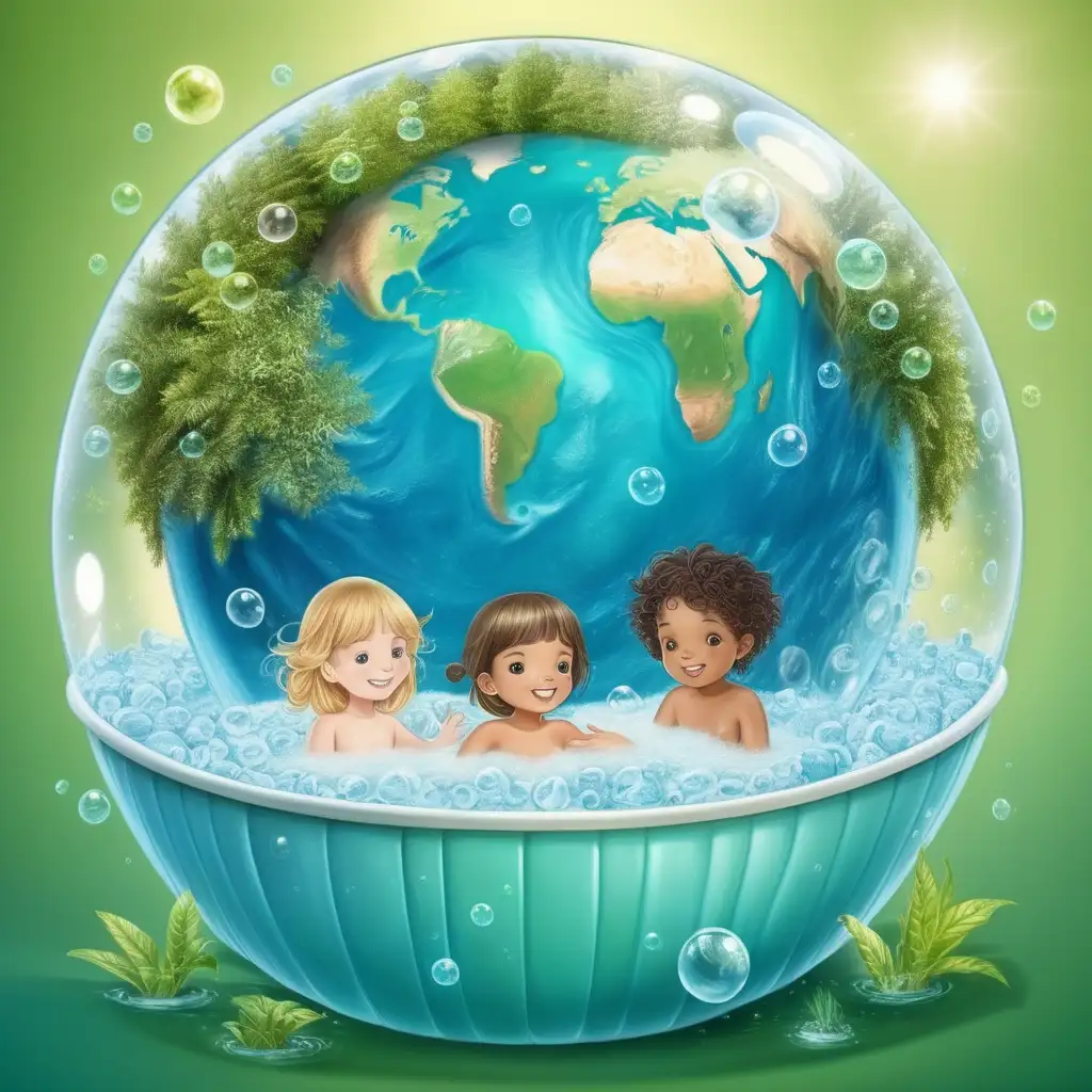 The earth in a bubble bath while kids provide spa treatments to the Earth, like cleaning the oceans and planting trees. no people