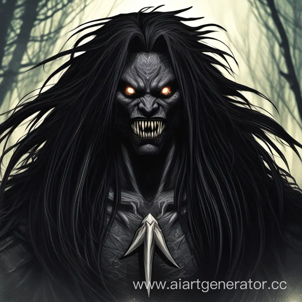 Человекоподобный монстр с 8 белыми глазами чёрной кожей белыми зубами, с длинными черными волосами острыми когтями