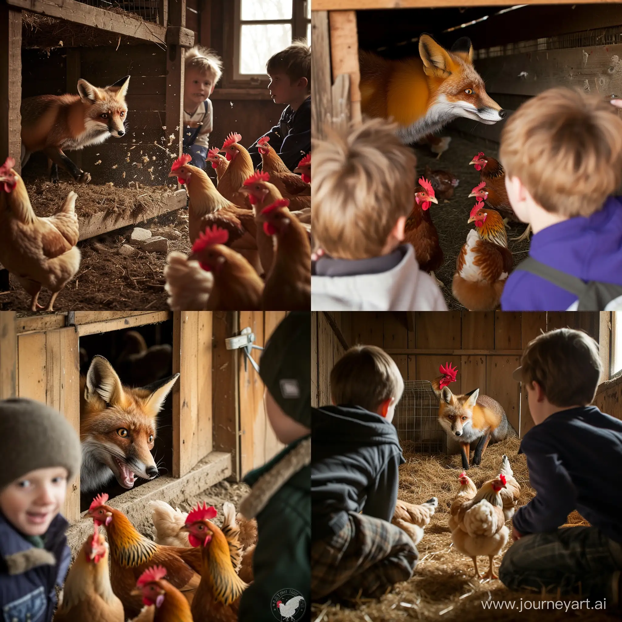 An image of a fox sneaking in the chicken coop, the chickens are panicking and run away, two boys are trying the fox doing that, photo