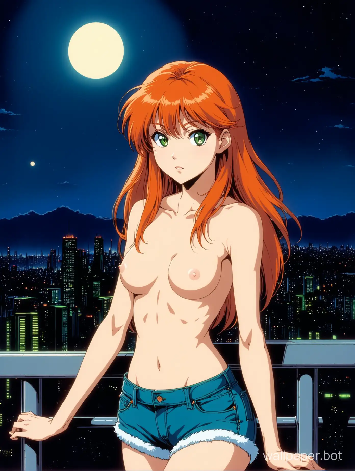 A 30 year old attractive topless redhead woman leaning against a railing, topless, skinny, in the style of 1990s sci fi anime, big green eyes, thin waist, wearing low-cut denim shorts, big fluffy orange hair, cityscape background, vintage anime, night, moonlit, matte
