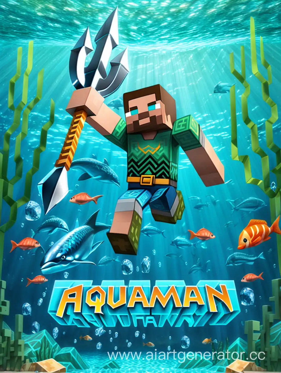Water background in the style of Minecraft with the inscription Aquaman