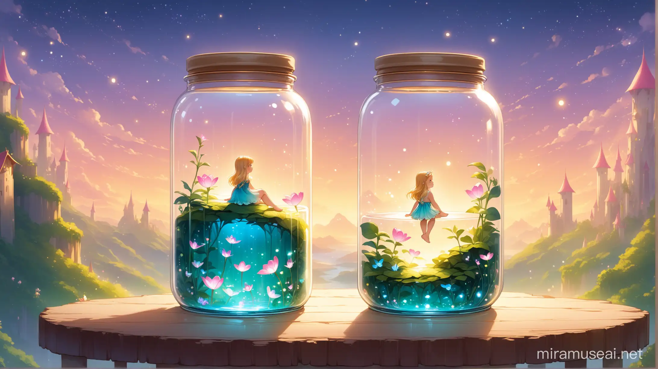Create an enchanting scene where a Thumbelina-sized human sits gracefully on the edge of a jar, surrounded by the towering expanse of glass. Capture the whimsical perspective of this tiny individual