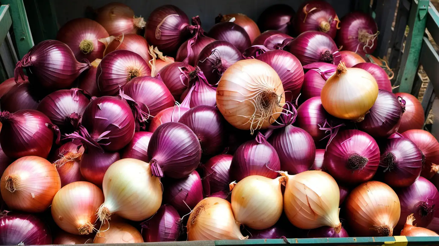 A pile of onions harvested from the fields on the farm