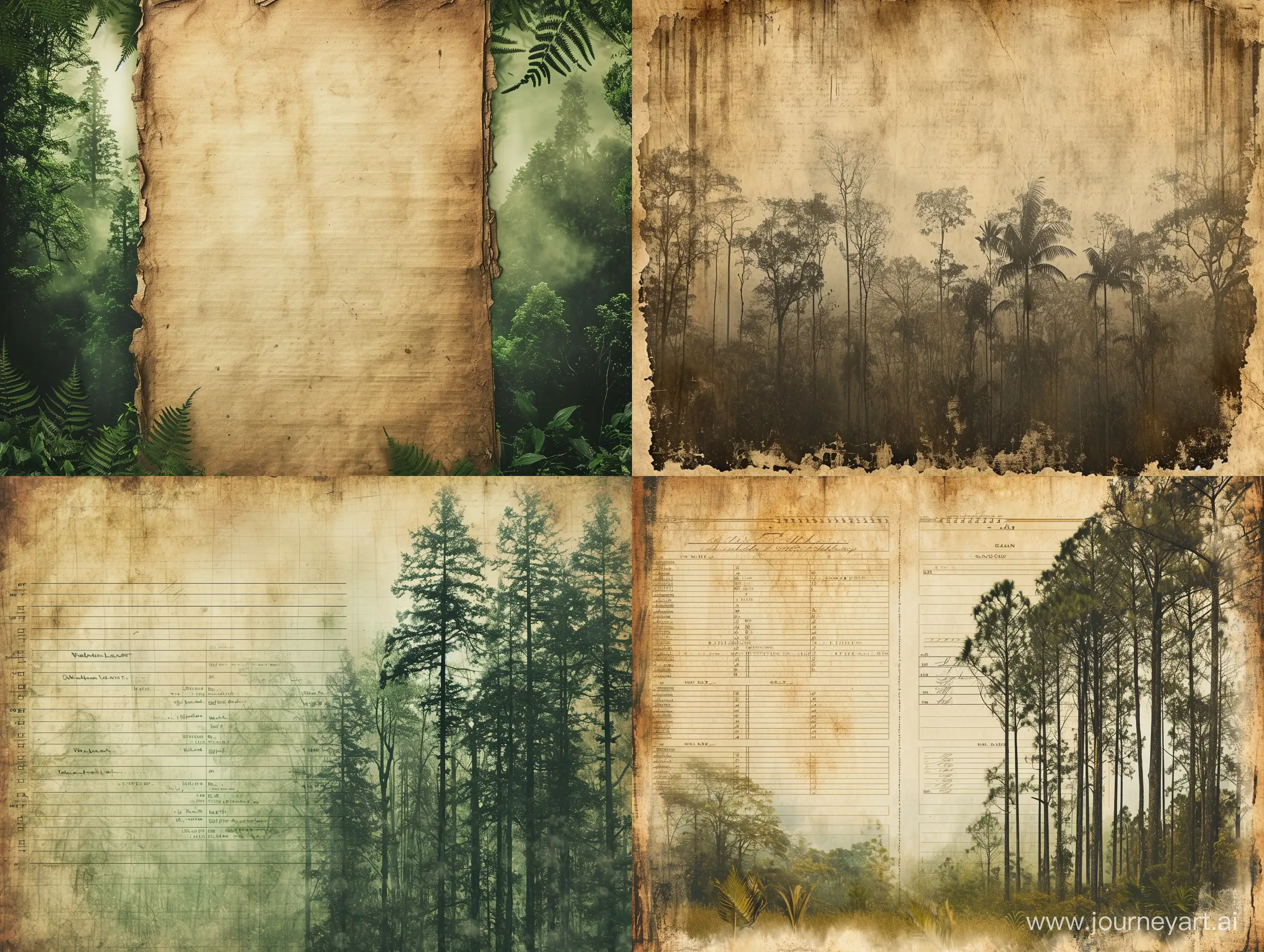 a ledger page for background, the amazon forest transitioned into the background, vintage