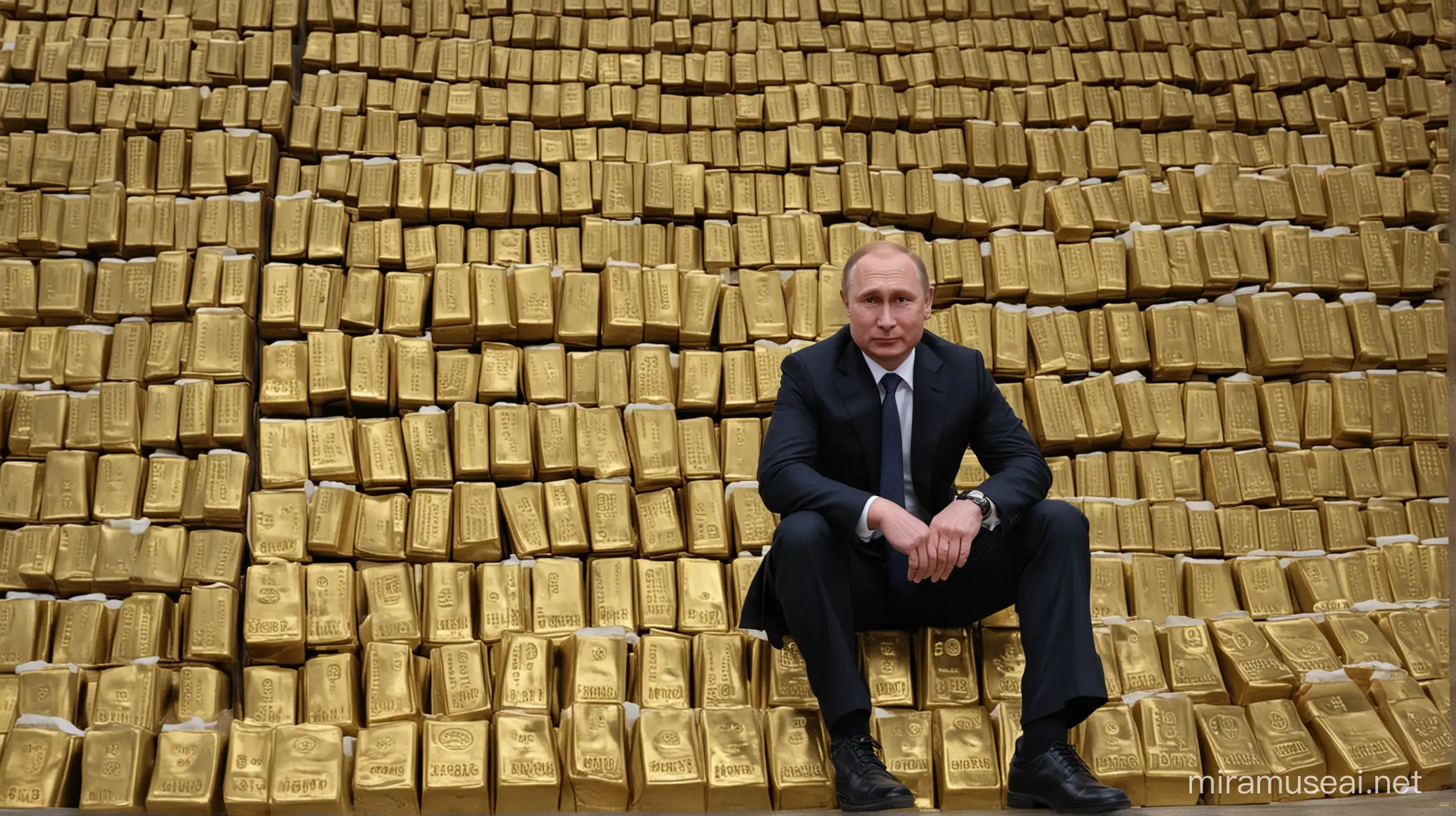 Vladimir Putin Seated Among Piles of Glittering Gold Bars