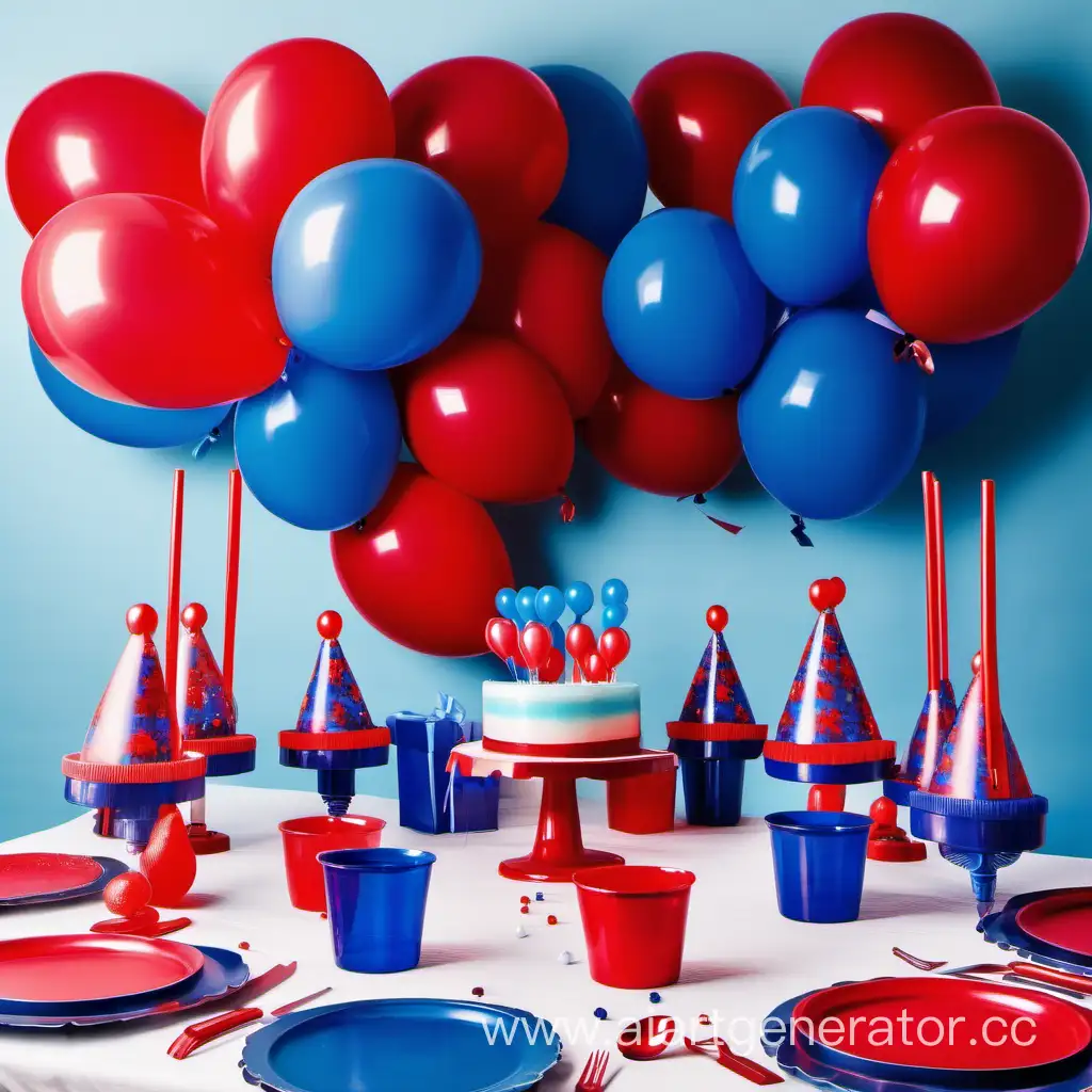 большой праздничный стол, красные и синие воздушные шары, красная и синяя посуда для праздника, счастливые дети в колпаках
