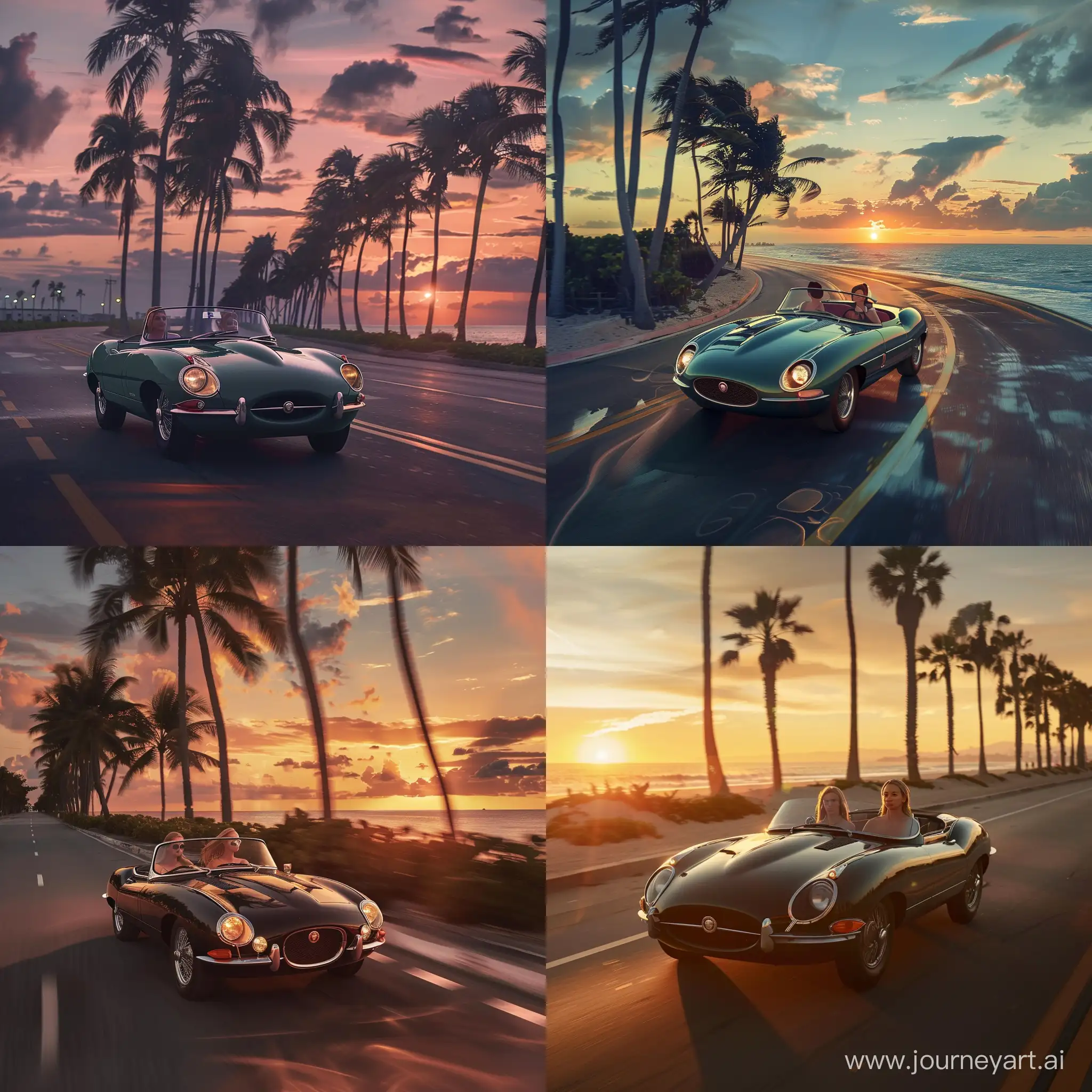 Sunset-Drive-Pinup-Girl-Cruising-in-Jaguar-TypeE-Car-Along-Coastal-Road