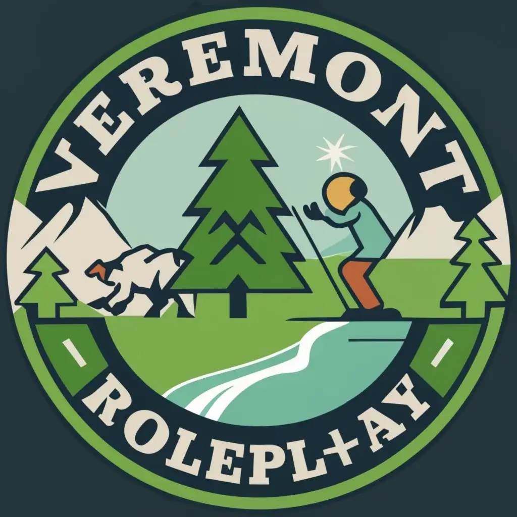 logo, Circle logo, green, white, black, blue, snowy mountain background, skier, snowboarder, ski lift, moose, bear, with the text "Vermont Roleplay", typography