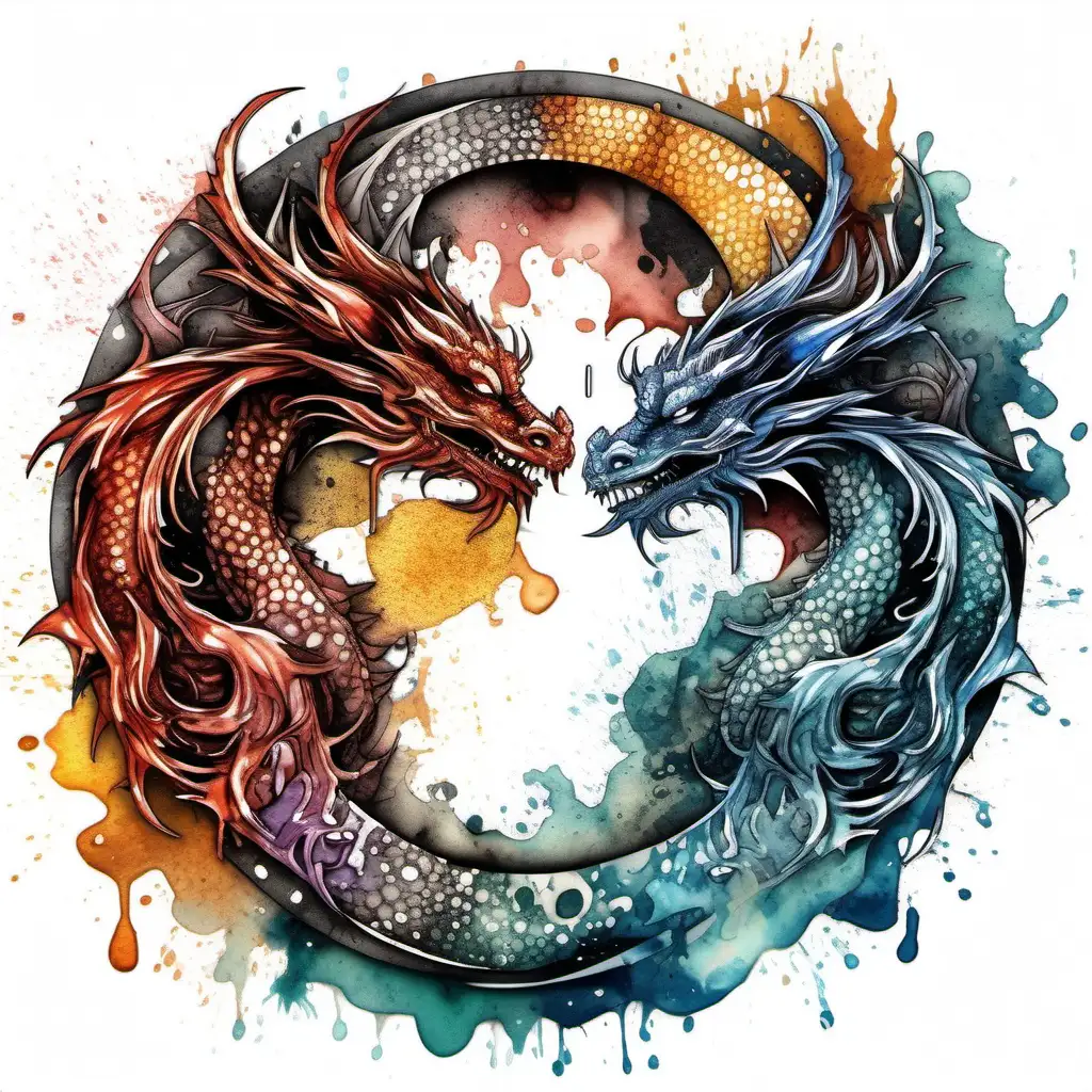 magical Bohemian yin yang front head of dragon,  high contrast dripped fluid watercolor, explosive dripped texture, ornate detailed illustration, octane render, sticker style, masterfully captured in the styles of watercolor, the artwork is splashed , sticker art