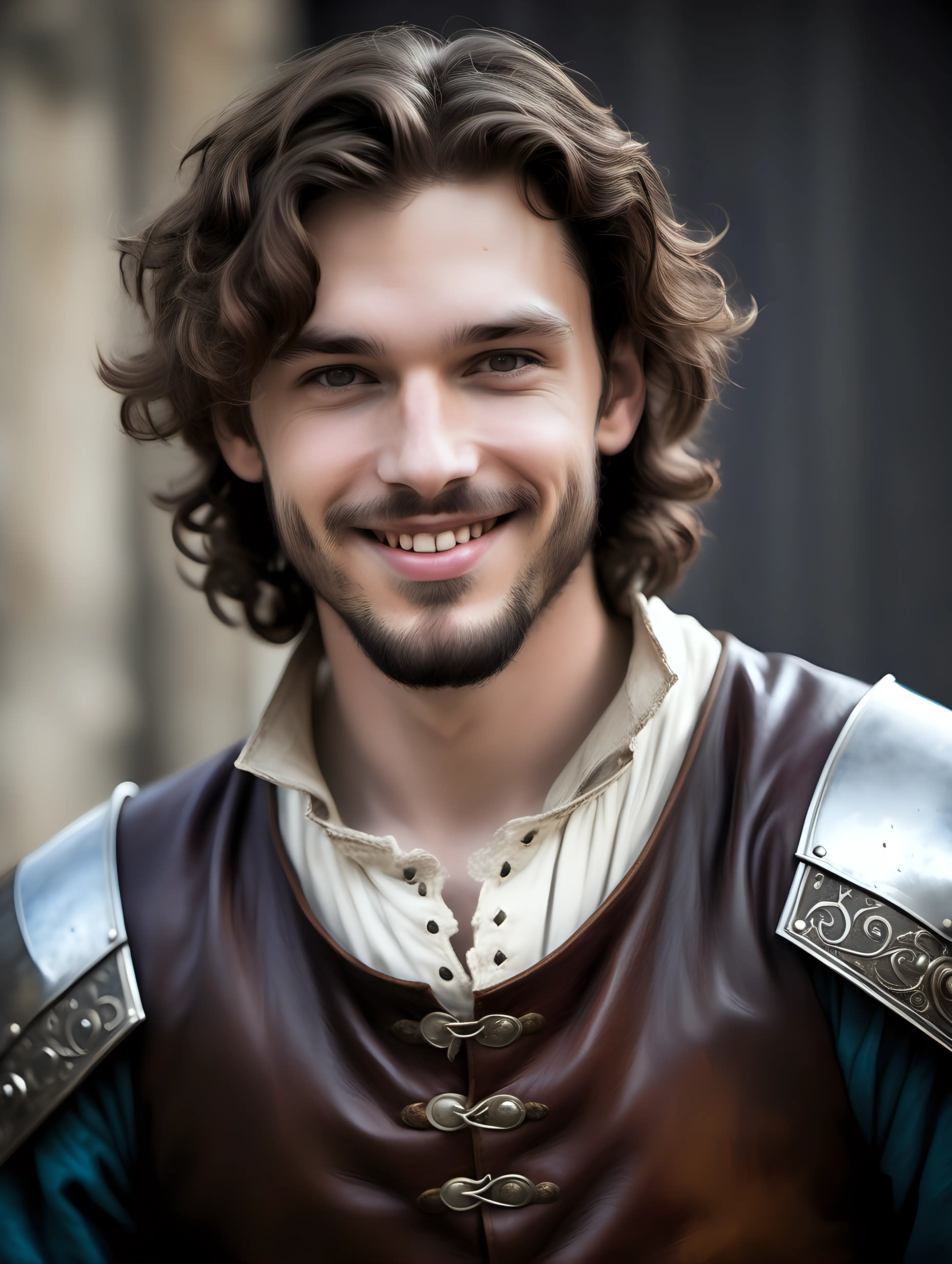young handsome prince, 20 years,  pale white skin, brown wavy hair, wearing medieval leathers, scruffy thick beard, smiling softly, hairy chest, very hairy chest