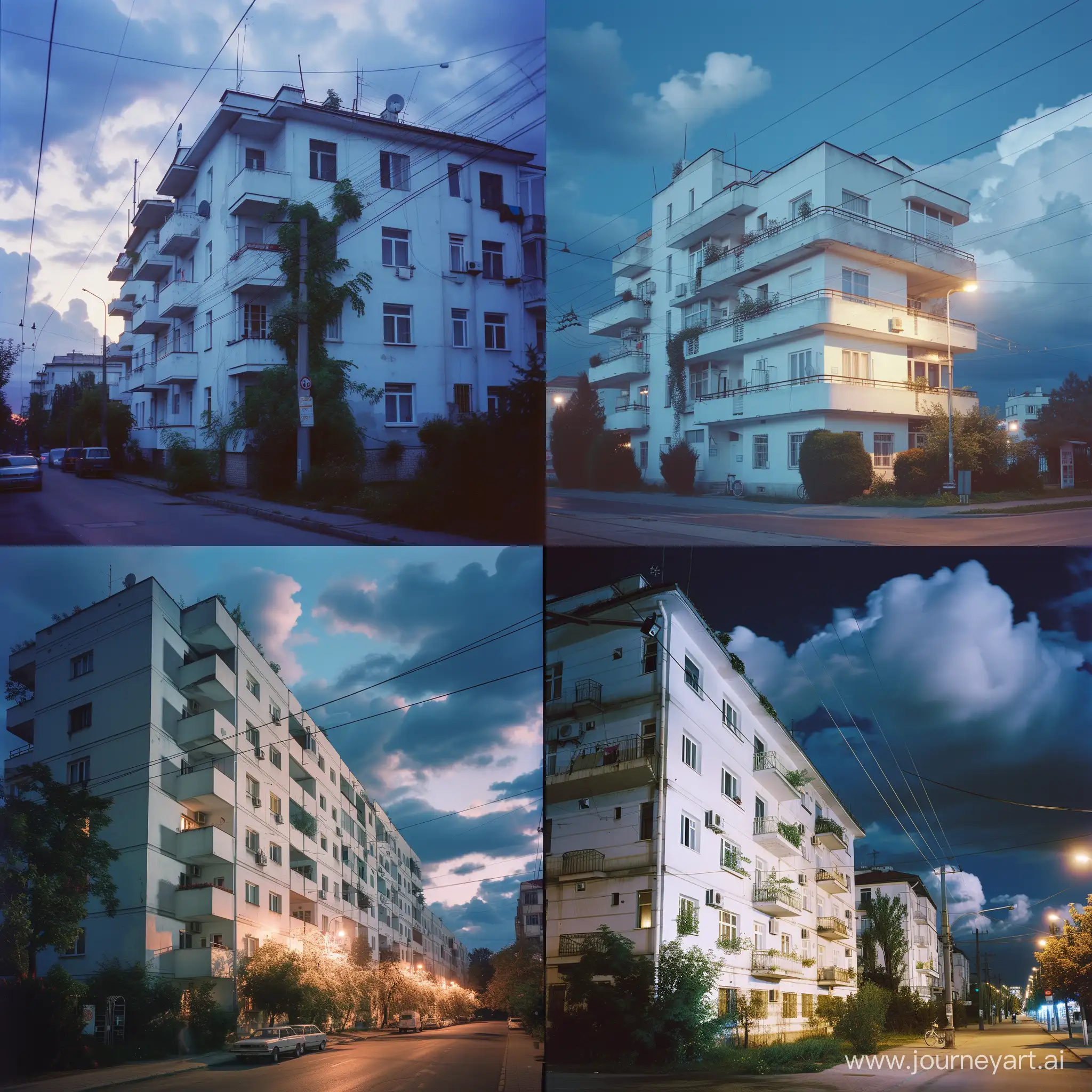 rich bucharest romania shot by edward hopper,magazine about clean liminal spaces aesthetics,underexposed medium format film,overgrowth trim,ecological residential street,white microcement modernized apartment building,moody,walkable,soft fluffy clouds,2040s,shot at night,bloom,VHS tape colors,soft highlights,deep shadows,serene socialist ideals,public transportation,clean advertising,bike friendly