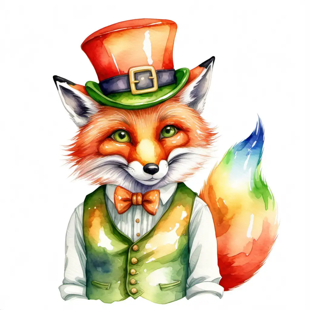 watercolor style, a leprechaun red fox wearing a vest in front of a rainbow on a white background.
