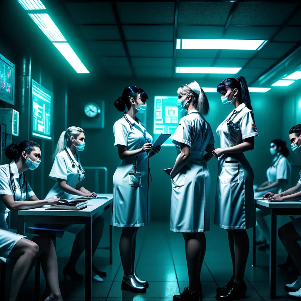 A cyberpunk scene with nurses and teachers