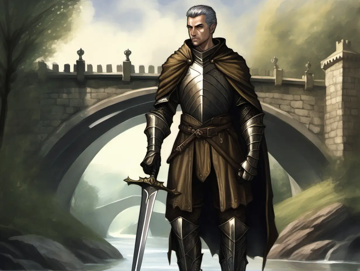 proud swordsman, light brown armor, short black gray hair, drawn sword, bridge, day, Medieval fantasy painting, MtG art
