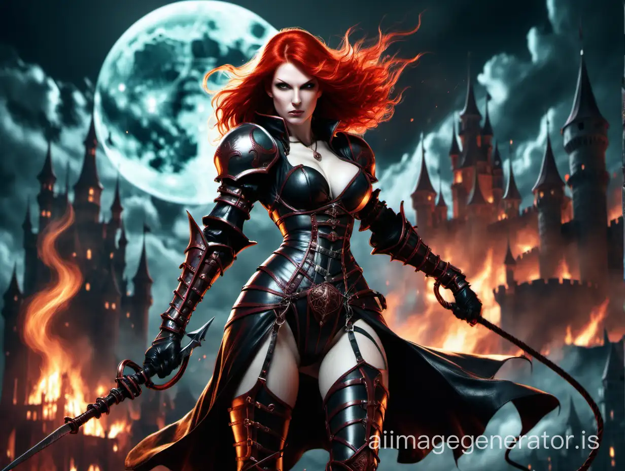 Sexy Red headed woman in leather armor swinging a whip with a burning castle inspired by Castlevania in the background. The moon is visible above the castle.