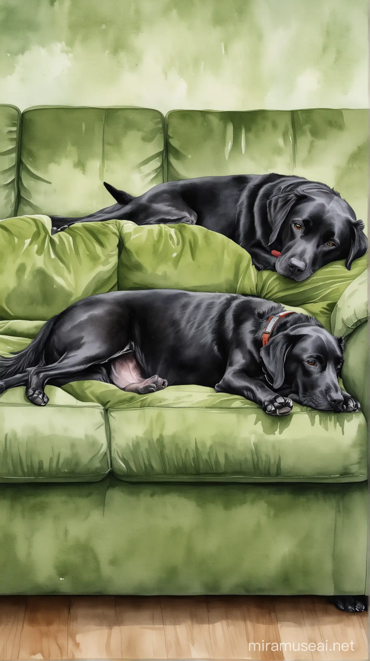 Black Labrador dog sleeping on olive green couch water color
