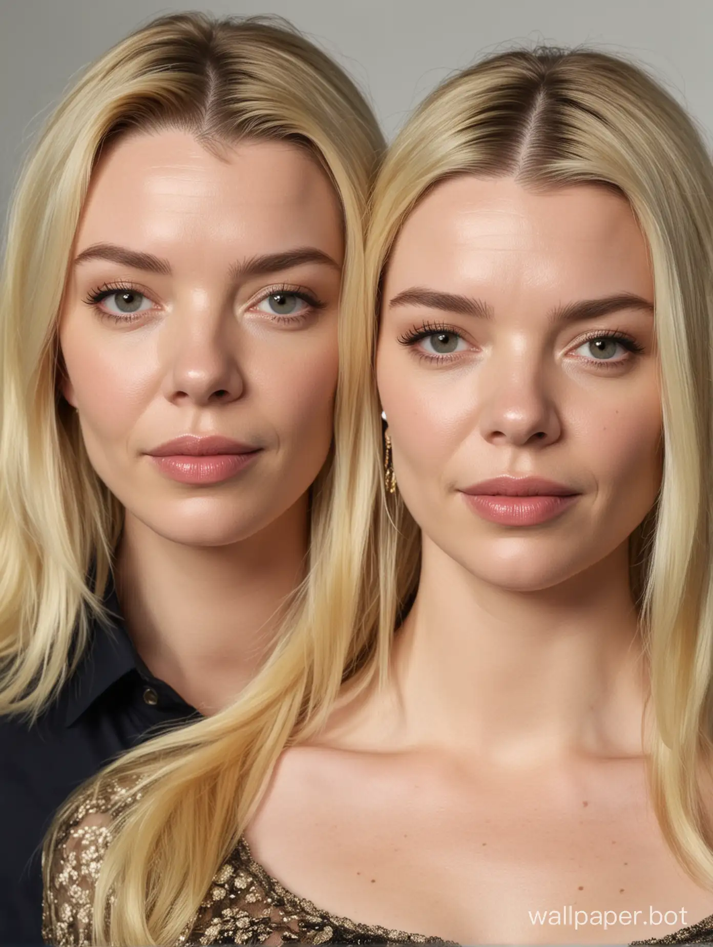 Anya taylor joy as 60 years old woman with her adult son, long blonde hair
