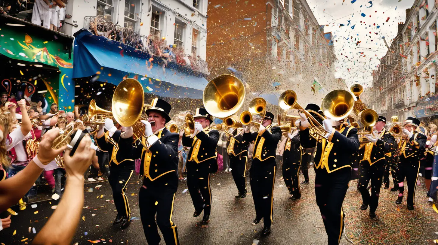 A wild scene from a carnival parade featuring a brass band and lots of confetti and cheering people everywhere