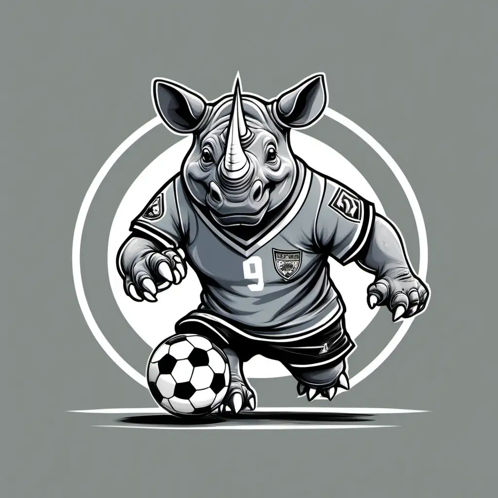 cartoon rhino playing soccer, grey and black uniform, t-shirt design, low detail
