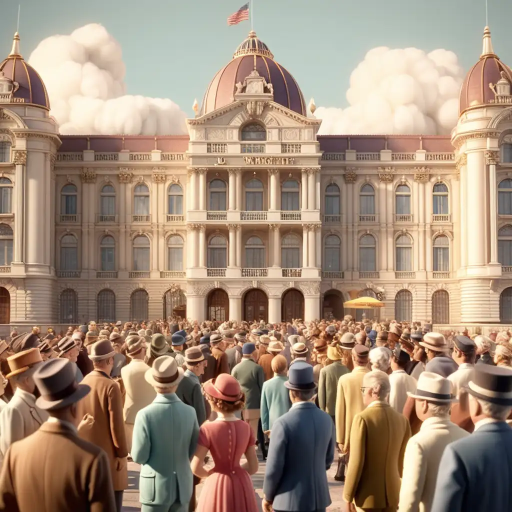 Vintage Crowd Gathering in Front of Palace Animated 3D Illustration