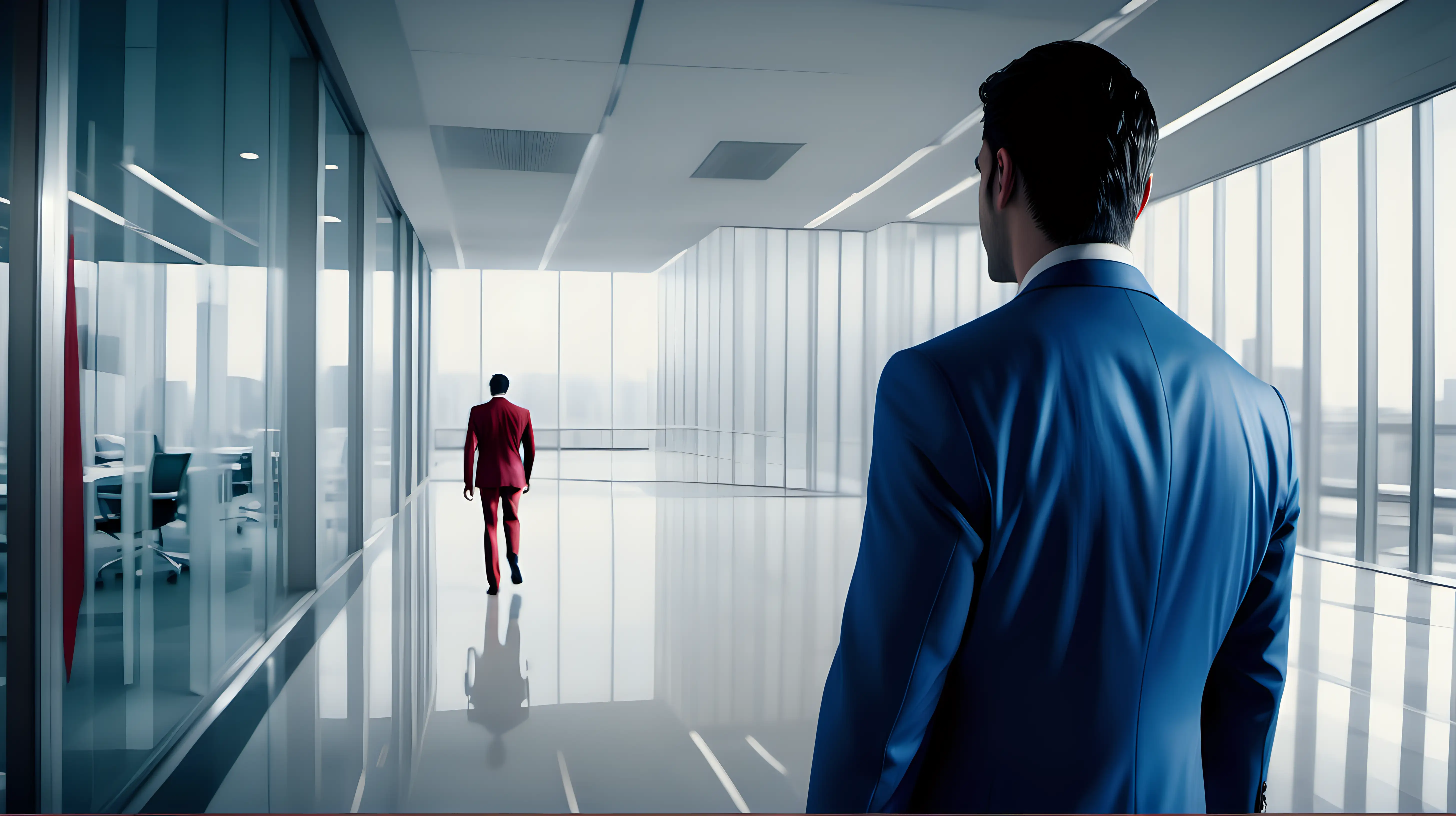 /imagine prompt: Realistic, Cinematic, personality: a distance shot of a cleanshaven  man wearing a blue suit and red tie walking into a glass office building
] unreal engine, hyper real --q 2 --v 5.2 --ar 16:9
