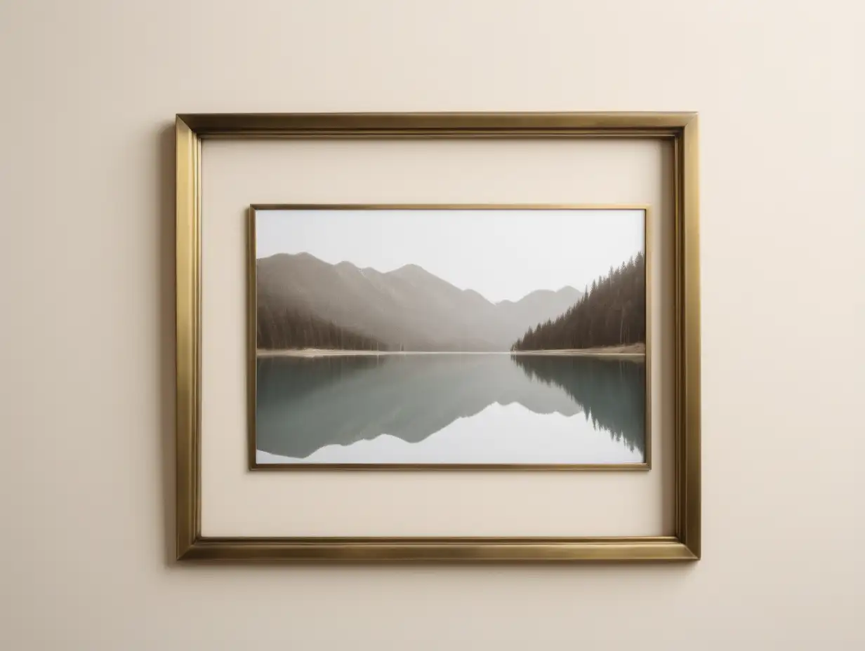 ultra thin simple aged brass picture frame, landscape orientation, clean ivory wall 