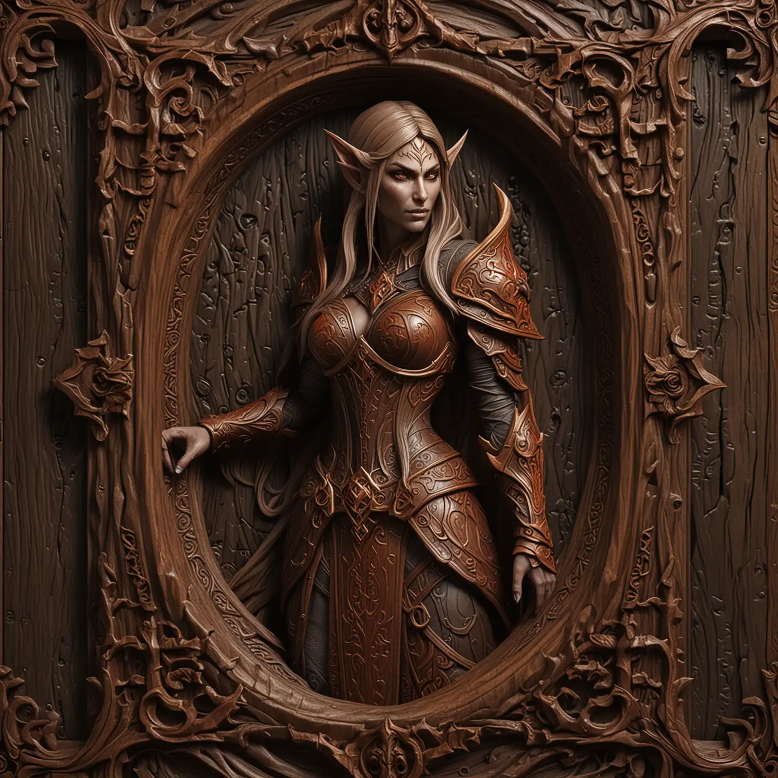 3D SEAMLESS TEXTURE, DARK CARVED WOOD WITH AN INTRICATE CARVED WOOD FRAME, FEATURING THE BLOOD ELF SYLVANAS WINDRUNNER FULL BODY OF WORLD OF WARCRAFT