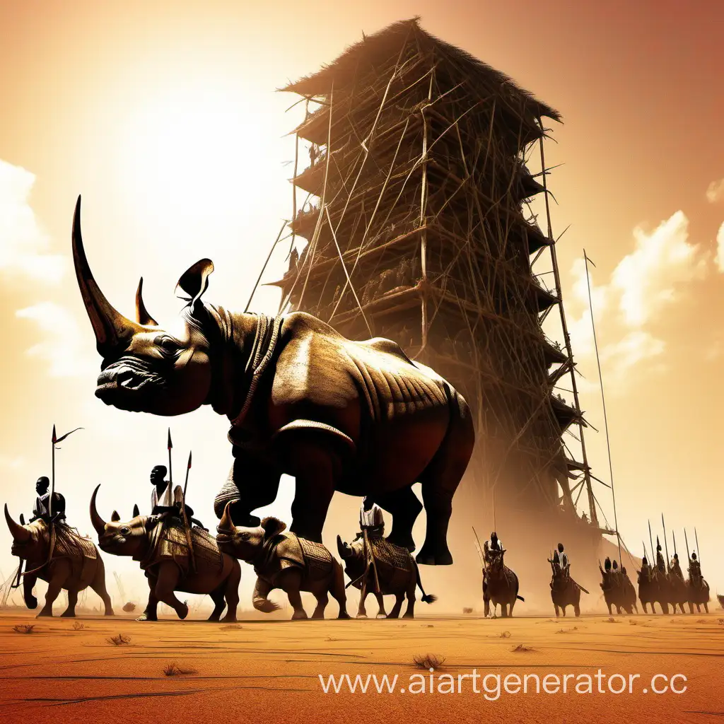 Со стороны солнца несколько носорогов с наездниками-африканцами тянут огромную деревянную  осадную башню по саванне, на вершине которой находится большая неровная линза, направленный в сторону врага. Вокруг башни пешком идут африканские воины