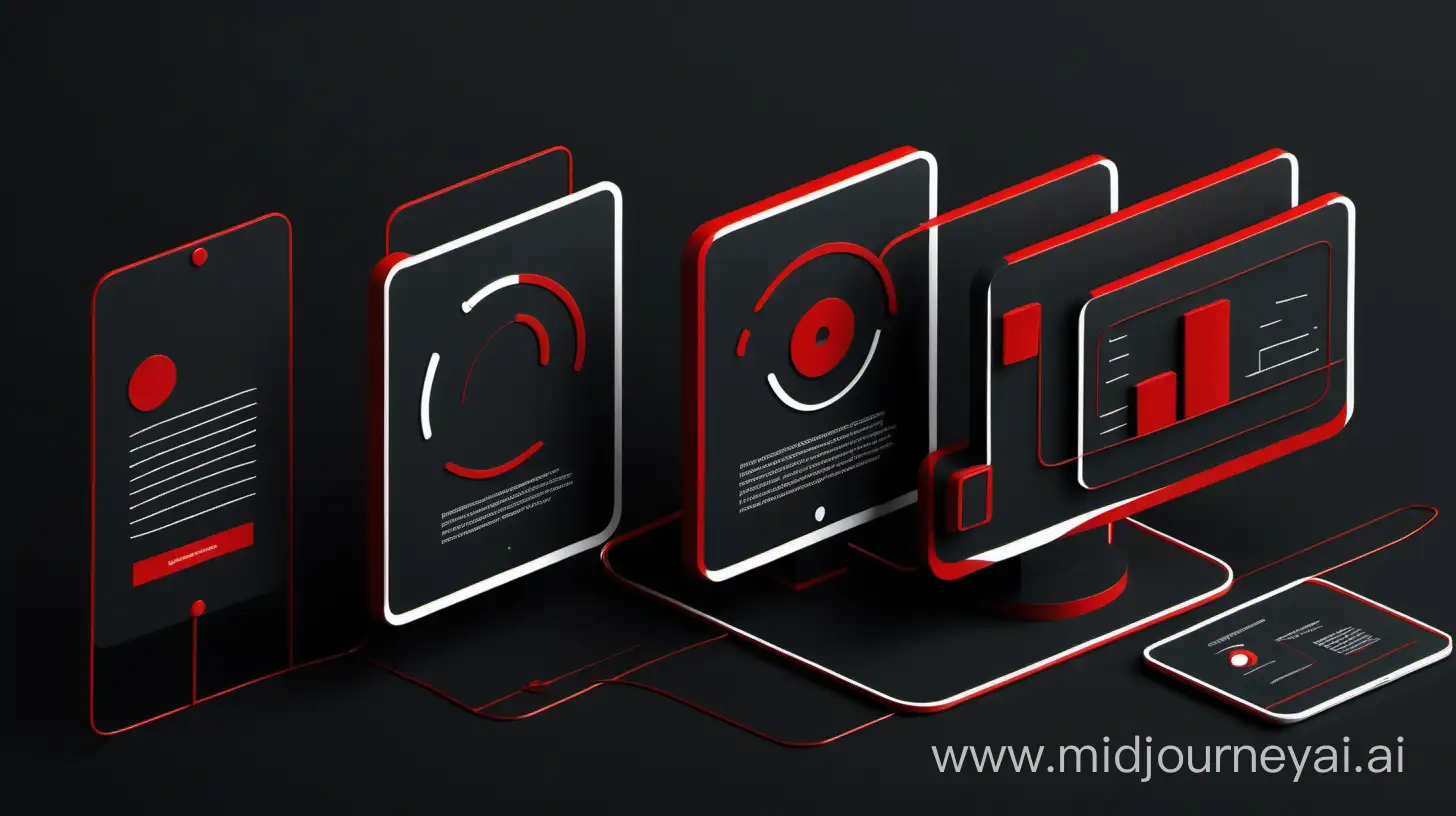 black red and white. simplistic line drawings.  3d.  depicting audio visual conference services.  and second image depicting marketing and advertising
