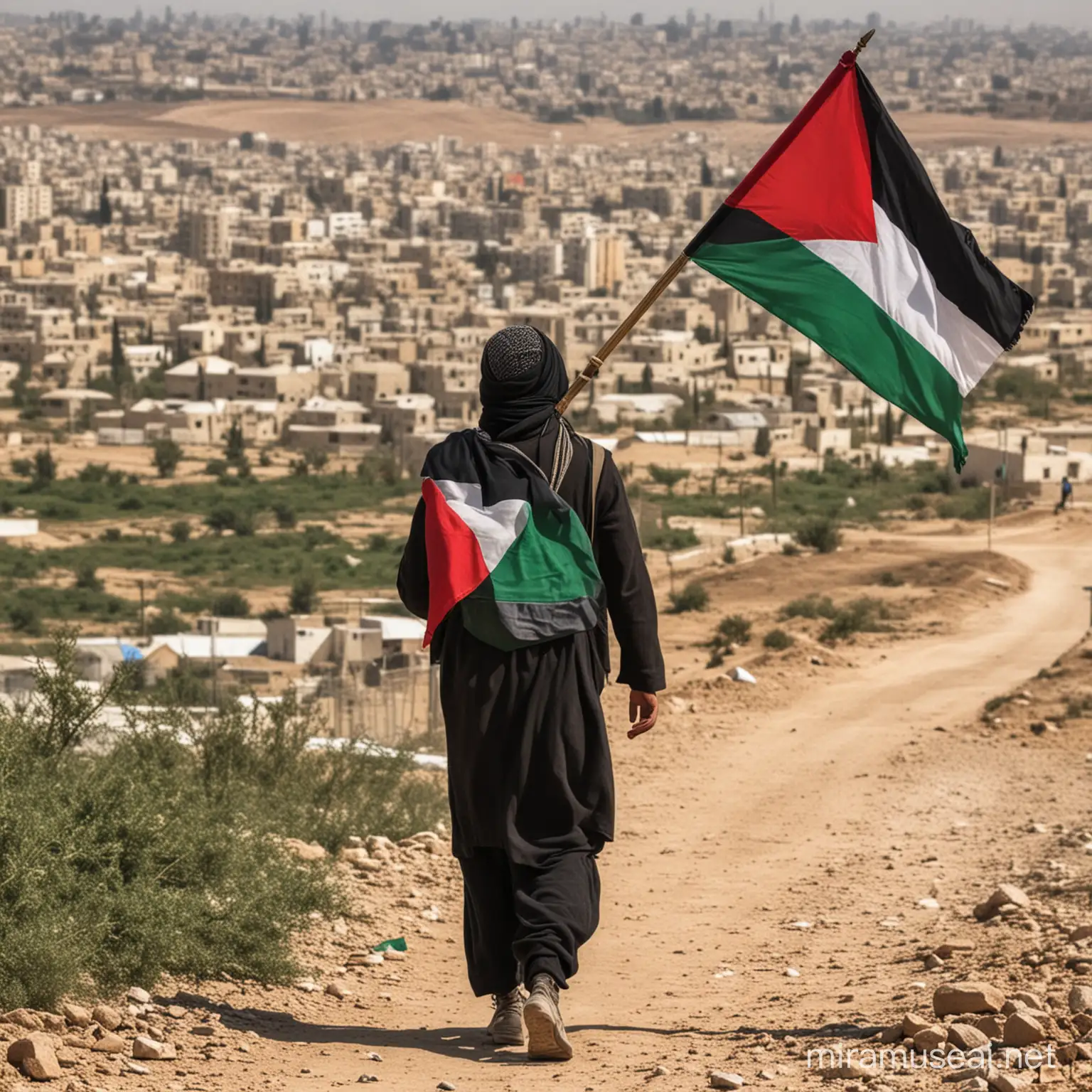 Palestinian Refugee with Flag in Desert Landscape