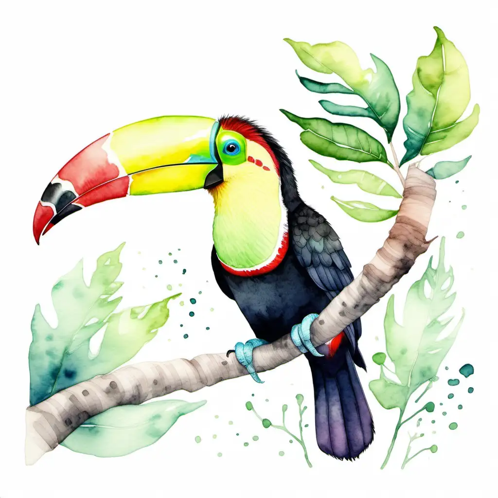 Keel billed toucan watercolour painting artwork beautiful magical enchantment welcoming friendly white background minimal simple