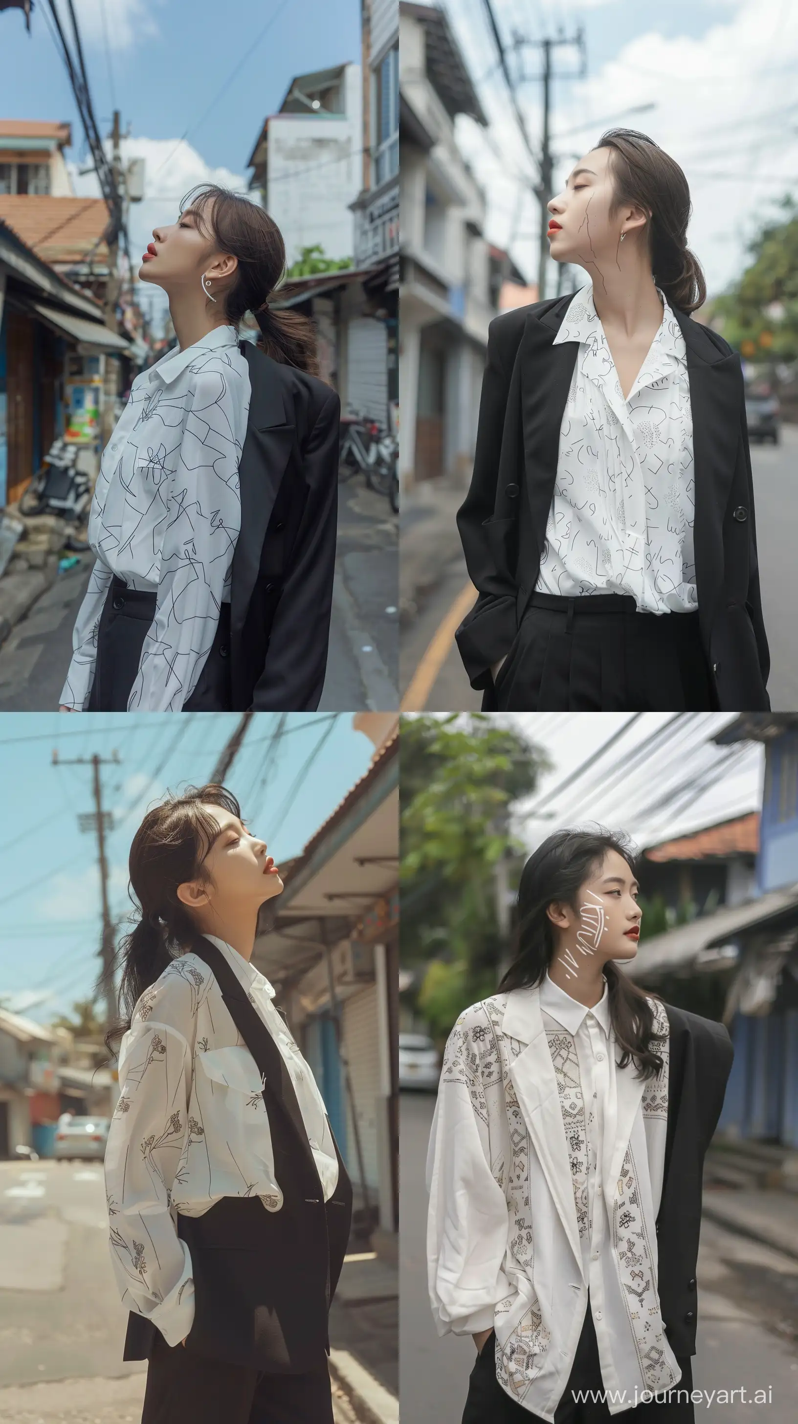 A profile beautiful Asian bared face woman ,wearing white oversize motived blouse and black oversize suit standing on infonesian strret,profile,no  accessories,facial features resembling Blackpink's Jennie. --ar 9:16 --v 6