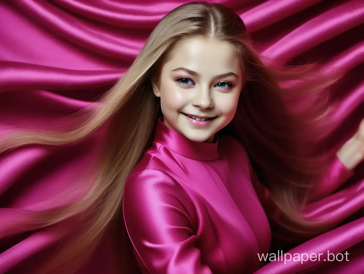 Yulia Lipnitskaya with long straight silky hair smiles in Beautiful gentle Luxurious glamour natural pink fuchsia mulberry silk fabric