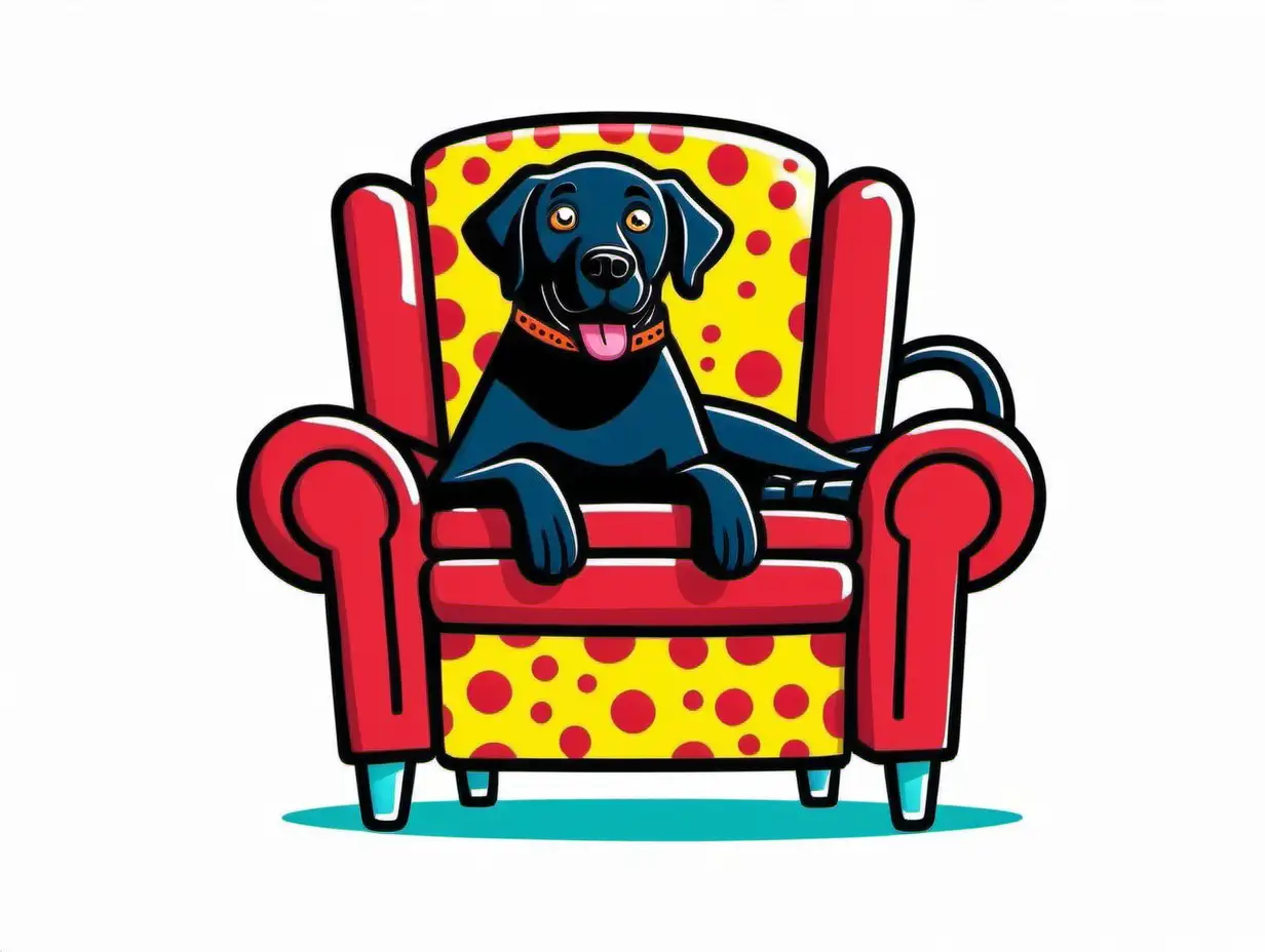 a cartoon character black labrador retriever kicked back in a recliner, vibrant color, manly, white background, in the style of Keith Haring