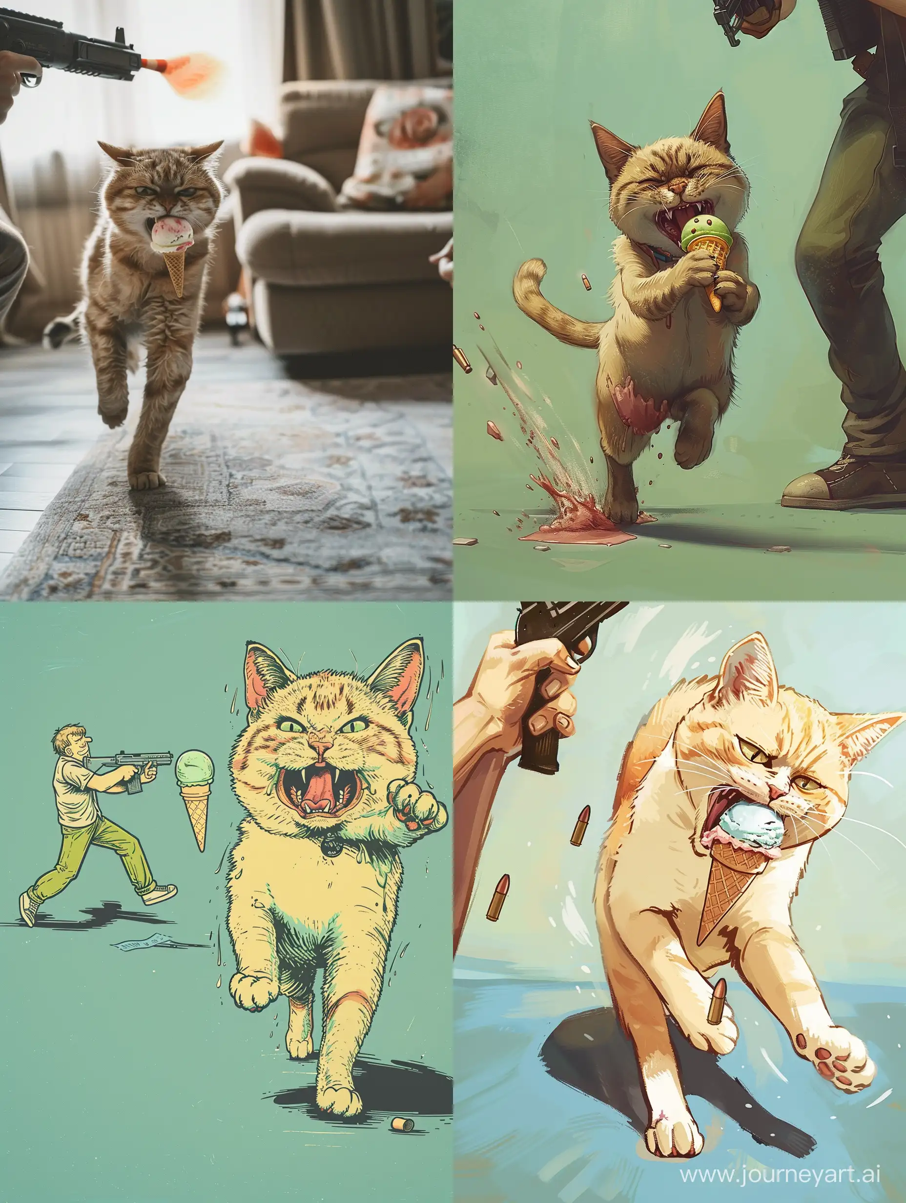 a cat sprinting away with a stolen ice cream cone in its mouth, while crying and looking guilty, and a person chasing her with a machine gun. It seems like you are trying to create a humorous or absurd scenario