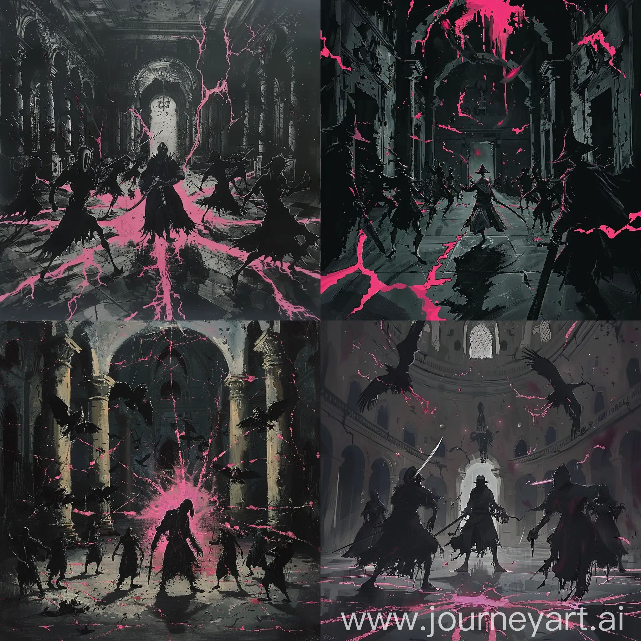 dancing plague in the hall of the castle, in the middle stands a plague doctor with a sword, black colors with cracks of pink radiance
