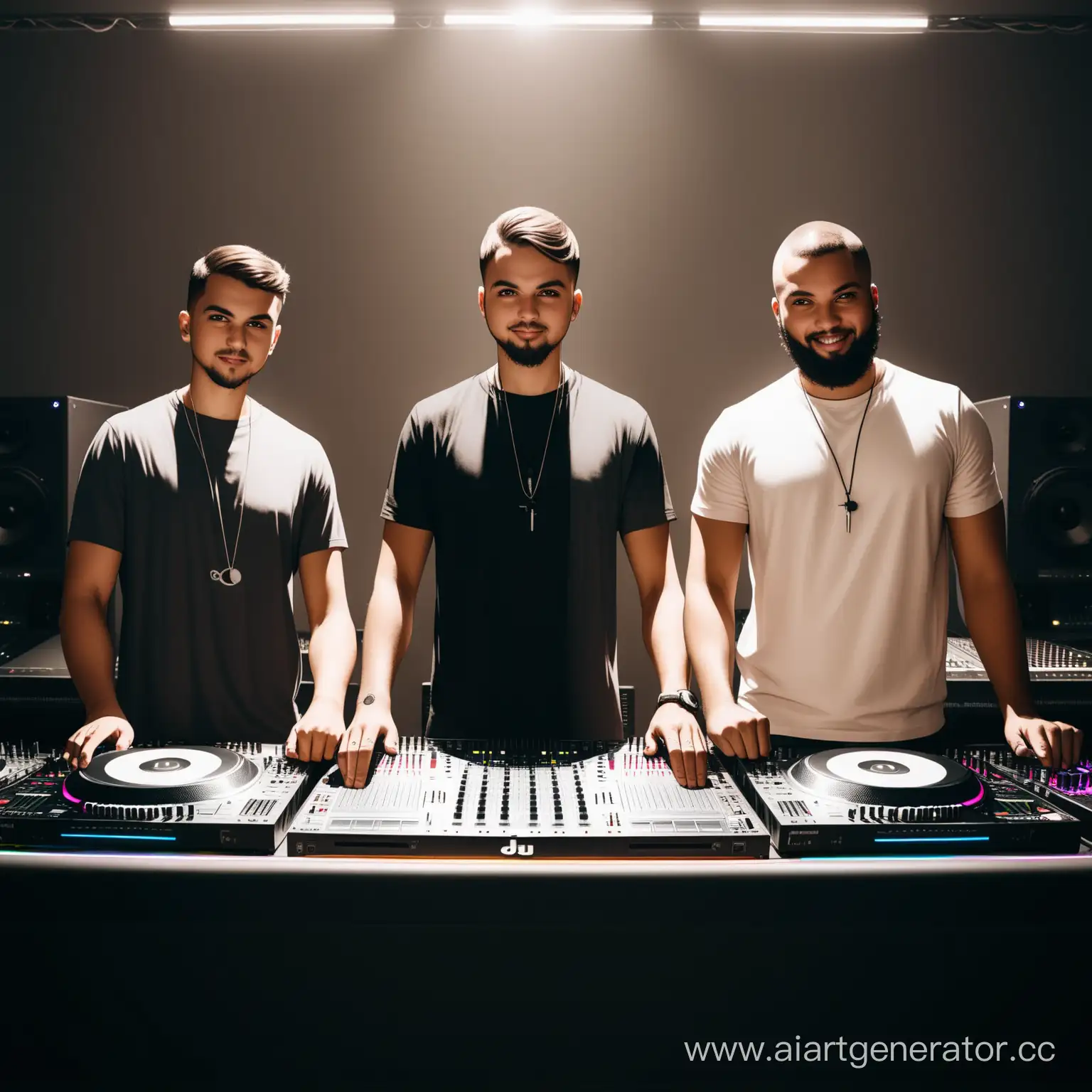three guys standing near the DJ console in the studio