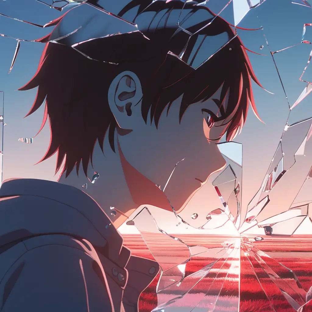 person looking into a broken glass reflection, red undertones. Makoto Shinkai art style. No imperfections