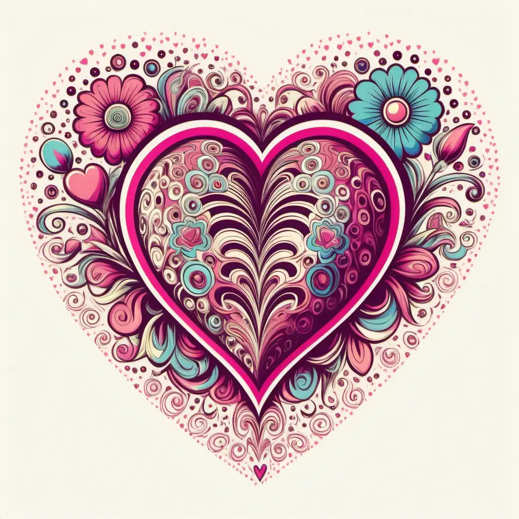 Retro Valentine Heart Tshirt Design with Flowers and Psychedelic Patterns